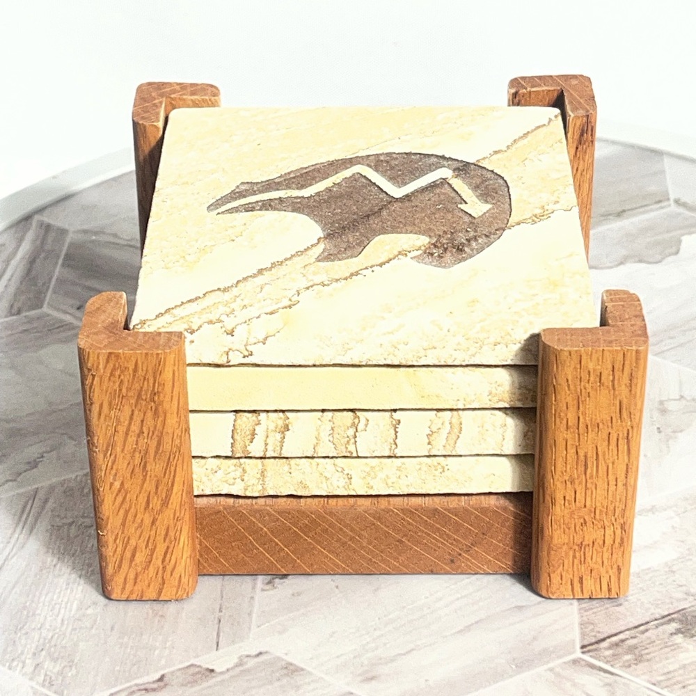 Southwestern Stone Coasters Set of 4 Bear Design w Wood Holder